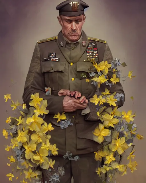 Prompt: a beautiful portrait photo of a military general man, looking angry, covered by hibiscus, daffodils, hydrangea, montsera leaves by tom bagshaw and zach sutton, very detailed, artstation, 8 k