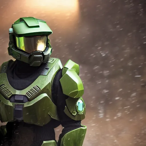 Image similar to Super Mario as Master Chief, highly detailed, extremely high quality, HD, 4k, 8k, Canon 300mm, professional photographer, 40mp, lifelike, top-rated, award winning, realistic, detailed lighting, detailed shadows, sharp, no blur, edited, corrected, trending