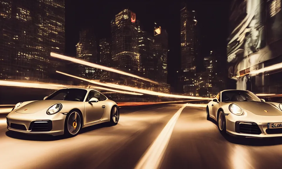 Image similar to photo of a porsche 911 at night driving fast through a city, cinematic, 4k, long exposure photography, tokyo drift, fast and furious, film still, night photography, motion blur, lens flare, movie shot, light trail