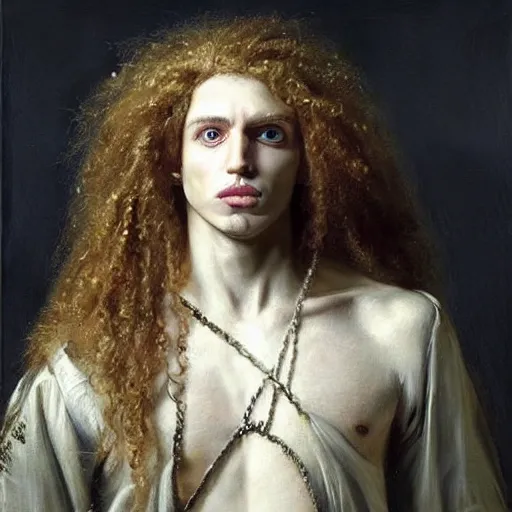 Prompt: a striking hyper real painting of Lucius the pretty pale androgynous prince with long fluffy curly blond hair by Jan Matejko