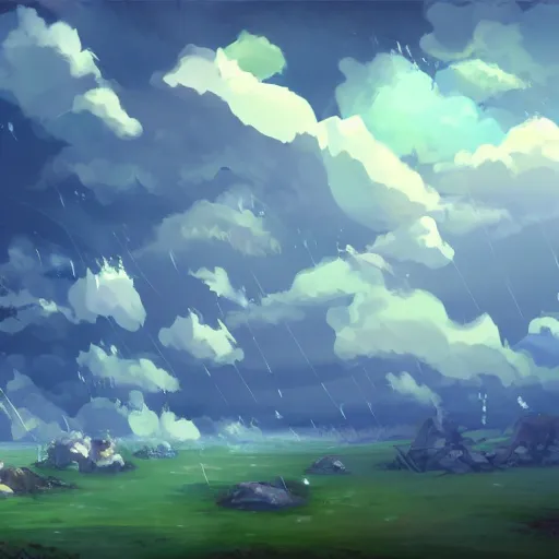 Prompt: background art of spaciously scattered longswords flowing and floating through the blowing swirling directional wind from left to right on a simple cloudy sky background, big puffy clouds, large individual rose petals, angular background elements, large polygonal fragments, anime, studio ghibli, artgerm, manga, trending on artstation, art nouveau, mature color scheme