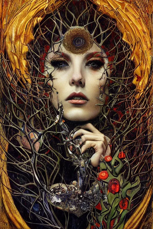 Image similar to Heart of Thorns by Karol Bak, Jean Deville, Gustav Klimt, and Vincent Van Gogh, Surreality, otherworldly, infernal enigma, Helliquary, fractal structures, celestial, arcane, ornate gilded medieval icon, third eye, spirals, dramatic sharp thorns, rich deep moody colors