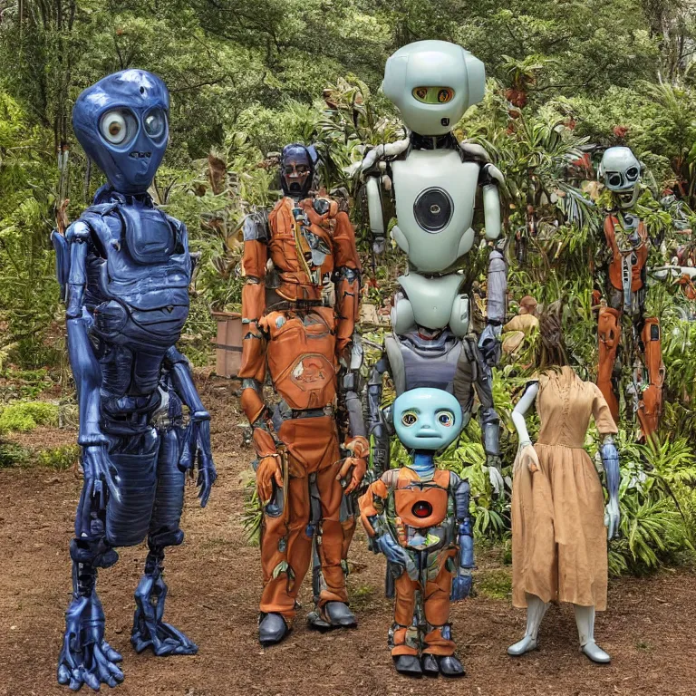 Prompt: 140mm film still from a sci fi blockbuster color movie made in 2019, set in 1860, of a human family standing in a park, next to some alien plants and flowers, their cute humanoid robot is standing next to them, on an alien planet, the family are all wearing 1850s era clothes, good lighting, good photography