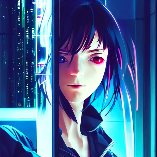 Image similar to cyberpunk anime art, refractions on lens, rowan atkinson as a beautiful cyborg girl in the style of arcane, full round face, biomechanical details, full body shot, rain, wet street, window reflections, lens flare, wlop, ilya kuvshinov, artgerm, krenz cushart, greg rutkowski