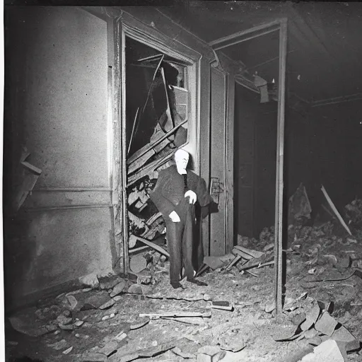 Image similar to a cabinet photo of a zombie lurking at a dark corner of a demolished building at night on the 1800s