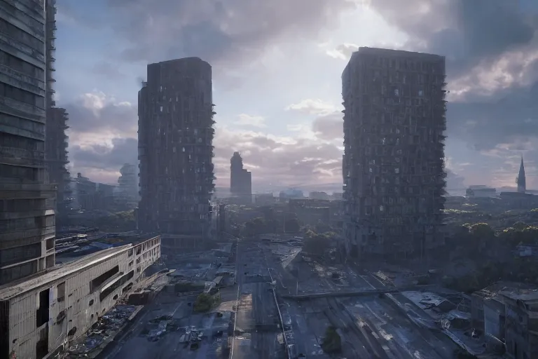 Image similar to streetscape, a towering cathedral of brutalist architecture, buildings covered with greebles, stunning volumetric light, sunset, metal, concrete and translucent material, stunning skies, majestic landscape, trending on Artstation, 8k, photorealistic, hyper detailed, unreal engine 5, IMAX quality, cinematic, epic lighting, in the style of Greg Rutkowski