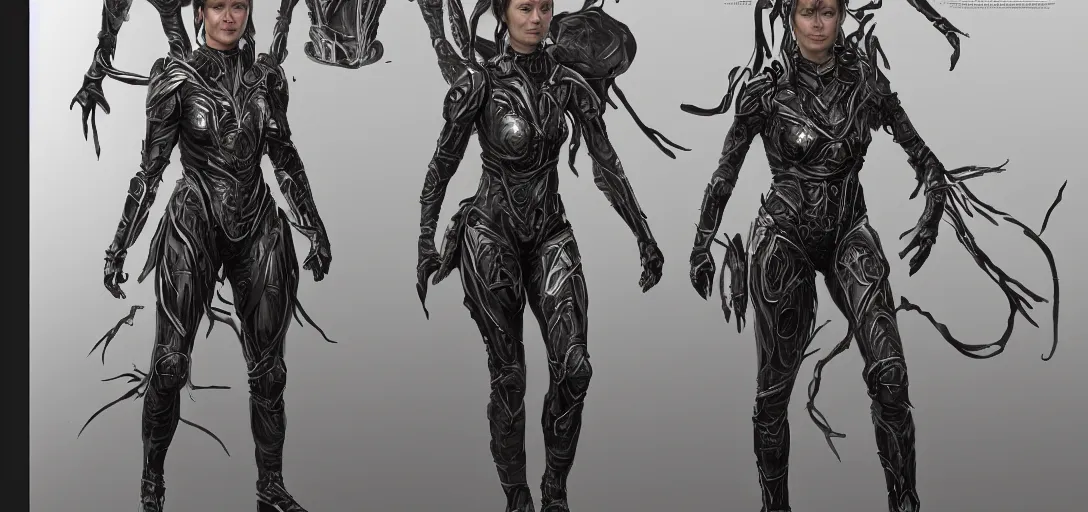 Image similar to character sheet concept art of summer glau as a superhero, ferrofluid armor, realistic, hyperrealistic, photographic, costume, wlop, dan mumford, greg rutkowski, high detail, octane render, alexander mcqueen, james gurney, photo, 8 k, intricate