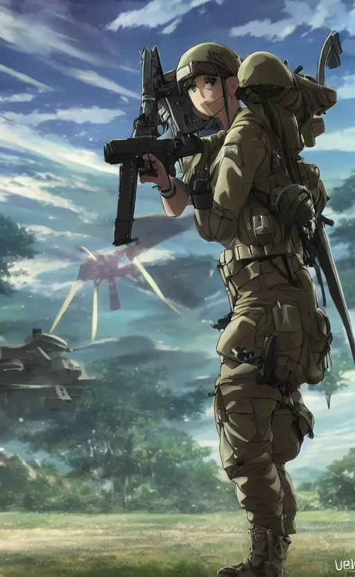 Image similar to girl, trading card front, soldier clothing, combat gear, realistic anatomy, concept art, professional, by ufotable studio, green screen, volumetric lights, stunning, military camp in the background, hayao miyazaki, anime studio mappa