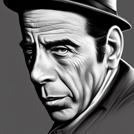 Prompt: humphrey bogart as film noir detective, portrait, highly detailed, digital painting, artstation, concept art, sharp focus, illustration, art , style of Walter Martin Baumhofer