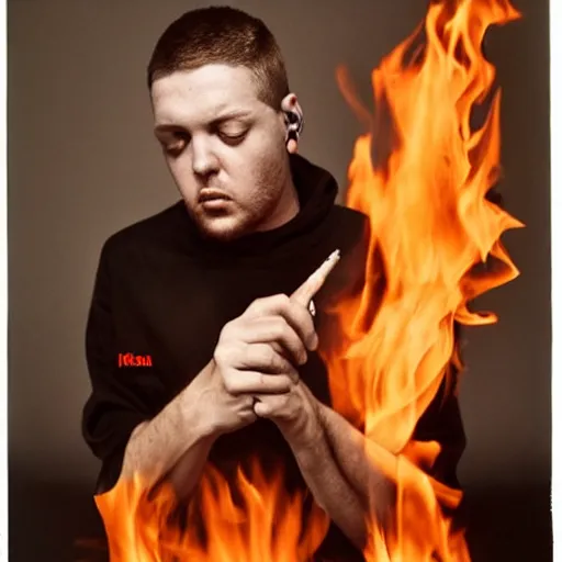 Image similar to beautiful portrait of rapper kool savas burning up a mic, by annie liebowitz, photorealistic, hyperrealism