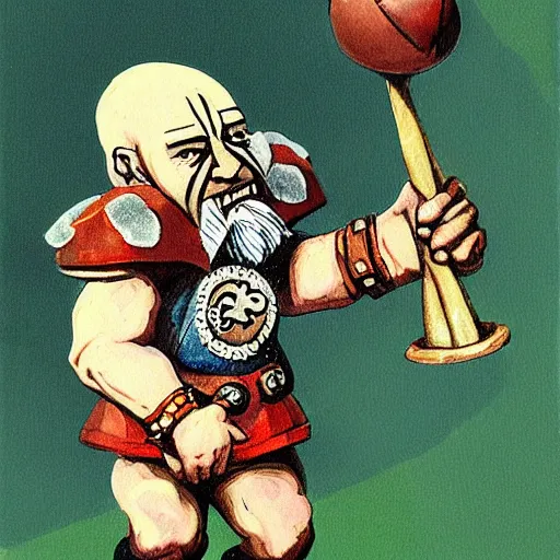 Image similar to Warhammer fantasy dwarf holding a football, by John blanche