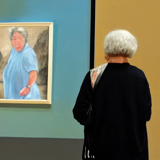 Image similar to old woman staring at a painting of her younger self