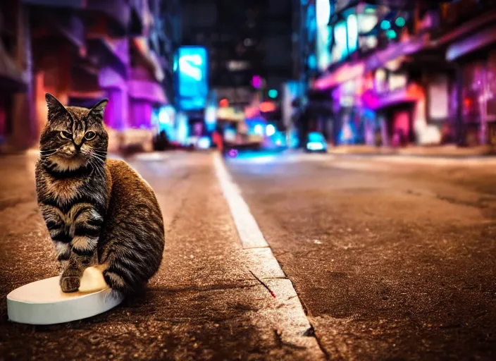 Image similar to photography of a Cat sitting on a box. in a cyberpunk street, award winning photo, led lighting, night, 24mm, sharp, high res