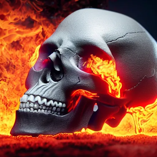 Image similar to a highly detailed human skull with intricate designs on fire in front of a glowing red background, 3 d, fire through eyes, octane render, symmetrical, hyper realism, highly detailed, digital art, artstation, concept art, cinematic lighting, strong bokeh, trending