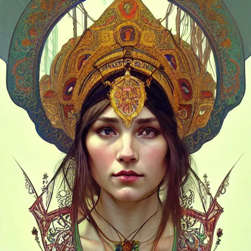 Image similar to a portrait of a female, upper half portrait, decorated with russian motifs, russian shaman, siberia, traditional russia, intricate, elegant, highly detailed, symmetry, headpiece, digital painting, artstation concept art smooth sharp focus, illustration, art by artgerm and greg rutkowski alphonse mucha 8 k