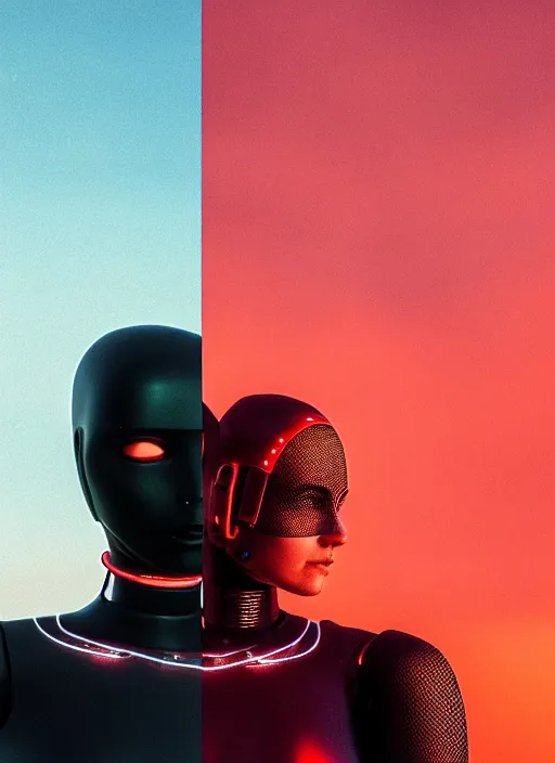 Prompt: cinestill 5 0 d photographic portrait of two loving female androids wearing rugged black mesh techwear on a desolate plain with a red sky, cutout waist, extreme closeup, modern cyberpunk, dust storm, 8 k, hd, high resolution, 3 5 mm, f / 3 2, ultra realistic faces, ex machina, blade runner