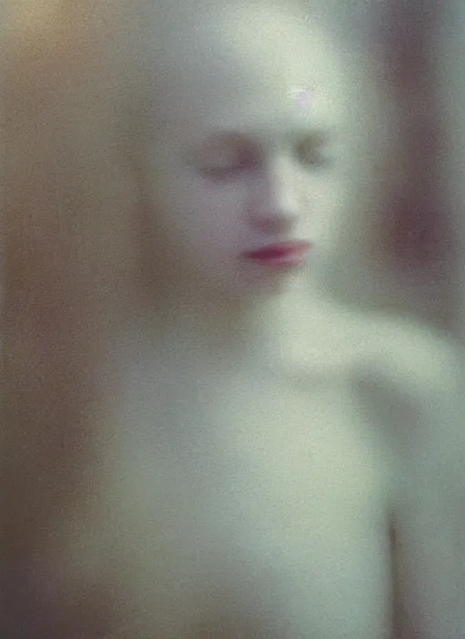 Prompt: out of focus photorealistic portrait of a beautiful!!! aesthetic!!! pale woman by saul leiter, very blurry, translucent white skin, closed eyes, foggy