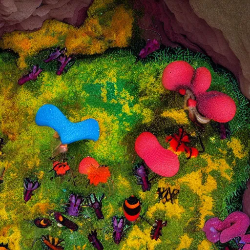 Prompt: painting of a colorful fungus garden in a cave, top-down view, Hiroo Isono, dark, foggy, shy beetles