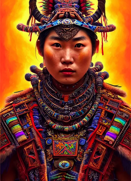 Image similar to portrait of yang yang, hyper detailed ultra sharp aztec shaman warrior. trending on artstation, warpaint aesthetic, bloodwave, colorful, psychedelic, ornate, intricate, digital painting, concept art, smooth, sharp focus, illustration, art by artgerm and greg rutkowski and h. r. giger, 8 k