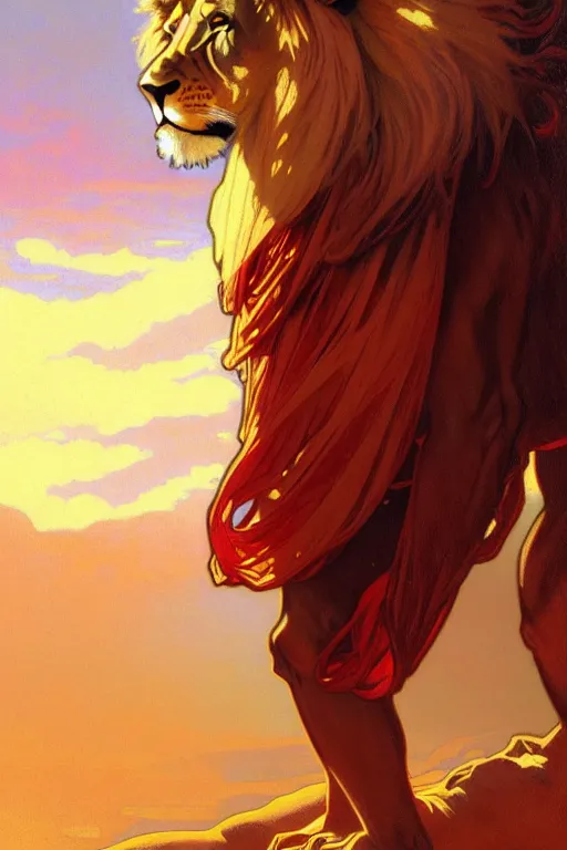 Image similar to full figure beautiful young fit antrophomorphic male lion, dressed with multicolored fluent clothes, luminous scene, by greg rutkowski and alphonse mucha, d & d character, gradient red to gold, in front of a dune desert background, highly detailed portrait, digital painting, artstation, concept art, smooth, sharp focus illustration, artstation hq