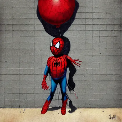Prompt: grunge painting of spiderman with a wide smile and a red balloon by chris leib, loony toons style, pennywise style, corpse bride style, horror theme, detailed, elegant, intricate, conceptual, volumetric light