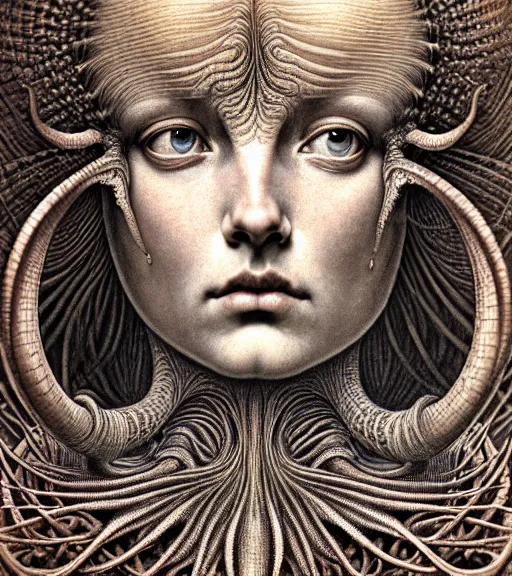 Prompt: detailed realistic beautiful horned goddess face portrait by jean delville, gustave dore, iris van herpen and marco mazzoni, art forms of nature by ernst haeckel, art nouveau, symbolist, visionary, gothic, neo - gothic, pre - raphaelite, fractal lace, intricate alien botanicals, biodiversity, surreality, hyperdetailed ultrasharp octane render