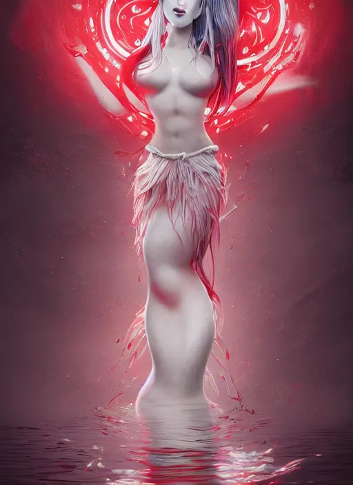 Image similar to albino maiko as a mermaid, fluent composition, red and white neon, concept art, ambient light, 4 k, intricate details, highly professionally detailed, cgsociety, highly detailed -