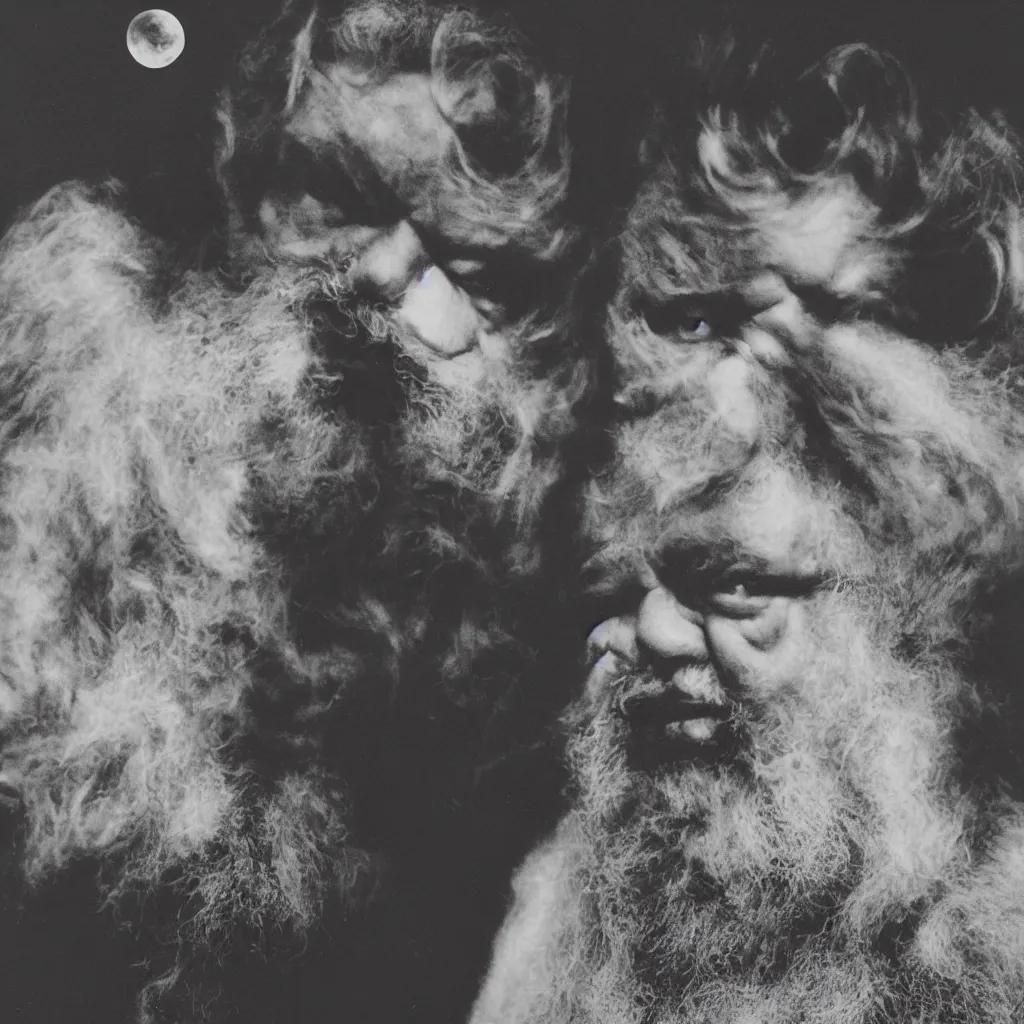 Image similar to An Alec Soth portrait photo of the moon with Orson Welles as Falstaff's face on it, the moon is wearing several horse-hair wigs, his face is on the moon