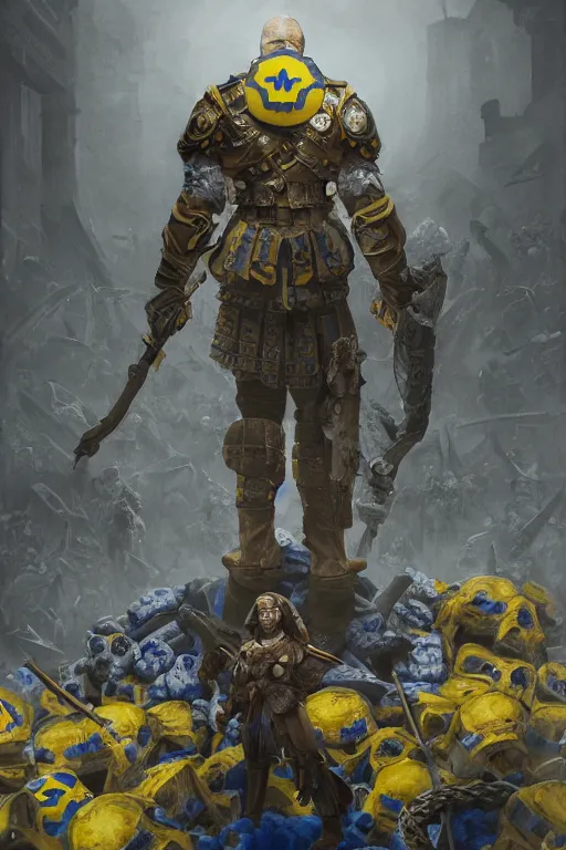 Image similar to a distant shot from behind of a Ukrainian super soldier with blue and yellow flag behind him standing alone on a huge pile of skulls as a winner, masculine muscular figure, D&D, fantasy, intricate, elegant, highly detailed, extremely detailed, digital painting, artstation, concept art, matte, sharp focus, symmetrical, hyperrealistic, illustration, art by Artgerm and Greg Rutkowski and Alphonse Mucha