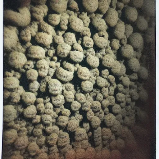 Prompt: a polaroid photograph of a wall covered in various different kinds of mold and sparsely populated by mushrooms and their mycelium, award winning photograph