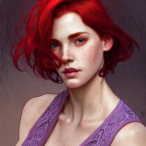 Prompt: close up portrait of a beautiful girl with red hair and freckles, happy intricate, elegant. highly detailed, digital painting, artstation, concept art, smooth, sharp, focus, illustration. background is purple, art by artgerm and greg rutkowski and alphonse mucha,