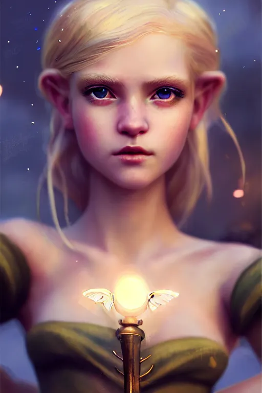 Image similar to cinematic shot of an epic portrait of a cute blonde fairy dressed in military clothes, stylised military clothes, shiny skin, beautiful eyes, beautiful, small details, night setting, realistic poster with volumetric light from craig mallism, artgerm, jeremy lipkin and michael garmash, unreal engine, radiant light, digital art, trends at art station, a masterpiece