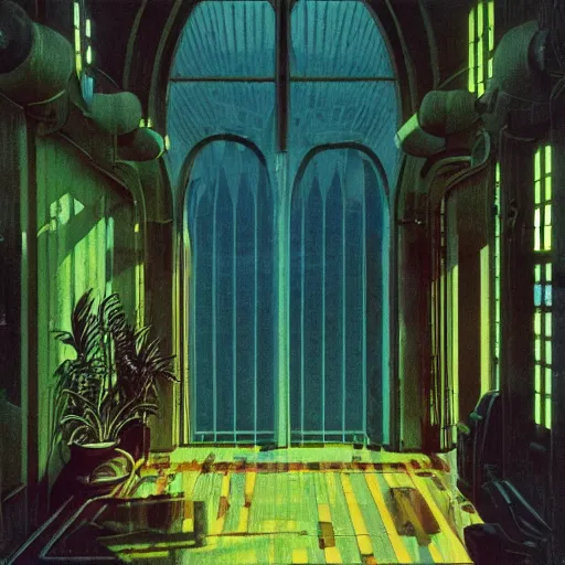 Prompt: 70s interior with arched windows, neon lighting, greenery, cyberpunk, dramatic, fantasy, by Moebius, by zdzisław beksiński, Fantasy LUT, epic composition,
