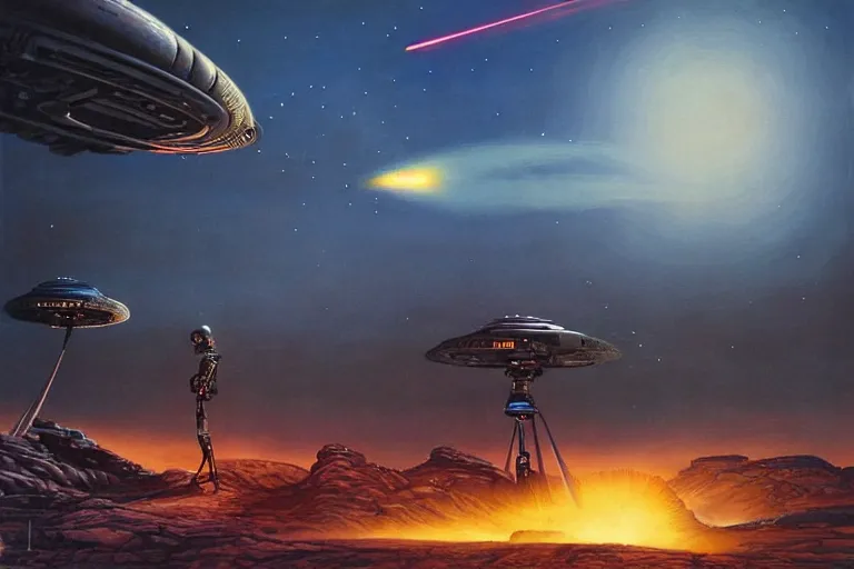 Image similar to Epic science fiction landscape. In the foreground is futuristic anti-air artillery firing into the sky, in the background an alien spaceship is escaping. An officer stands next to the artillery pointing upwards. Stunning lighting, sharp focus, extremely detailed intricate painting inspired by Mark Brooks and by Moebius