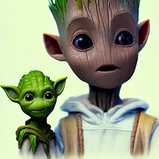 Prompt: Cute Elven baby Groot and Yoda by Greg Rutkowski and Pixar, asymmetrical, positive vibes, Organic Painting , Matte Painting, geometric shapes, hard edges, street art, trending on the artstation, realistic:2 by Sachin Teng:4