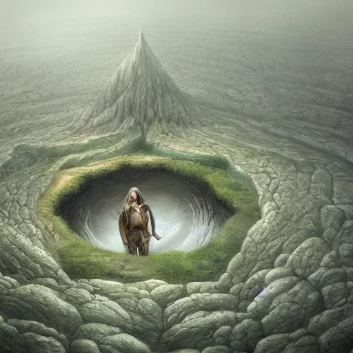 Image similar to photorealistic, the circular hollow earth fantastical landscape with the dreaming god in the middle of it , by Anton Semenov, trending on artstation