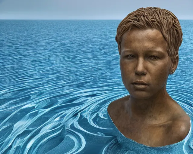 Prompt: a giant sculpture made out of of gelatin in a human head shape, on the surface of the ocean, in the style of chad knight, long shot, hyper detailed, hyper realistic, ray tracing, 8 k resolution, sharp focus, realistic water, award winning sculpture