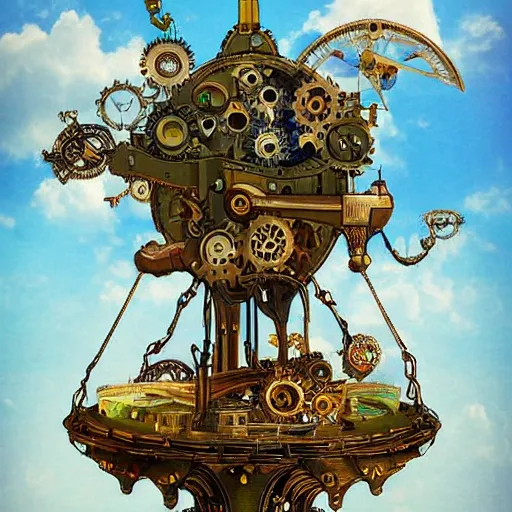 Image similar to flying city in a mechanical flower, sky, fantasy art, steampunk, masterpiece, behrens style