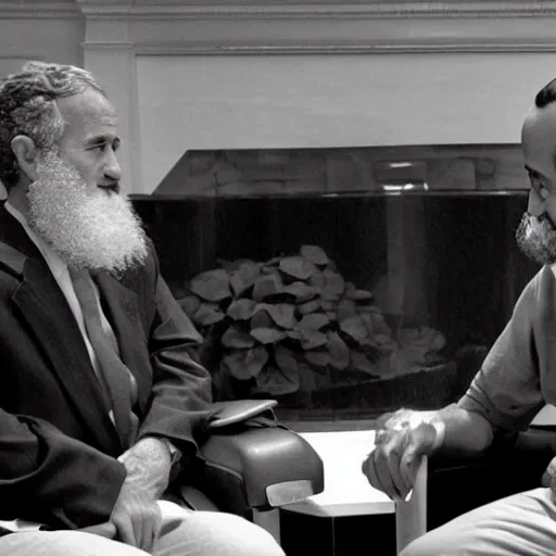 Prompt: Meeting between George Bush and Osama Bin Laden in 1995, realistic photograph, greyscale, world press winner