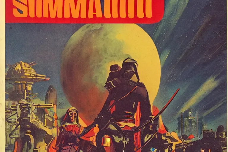 Prompt: 1979 OMNI Magazine Cover of a samurai western. in cyberpunk style by Vincent Di Fate