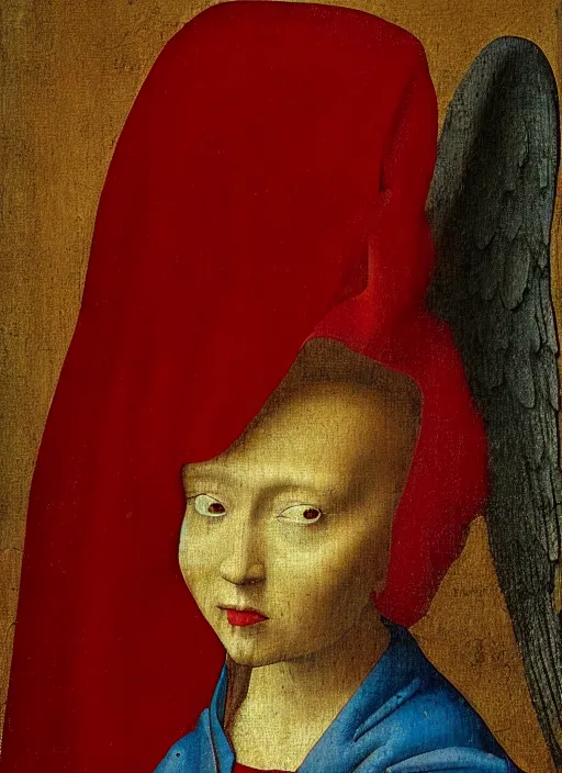 Image similar to profile of a fallen angel dressed in red with wings by Jan van Eyck, Hieronymus Bosch, Johannes Vermeer 4k post-processing, highly detailed medieval painting