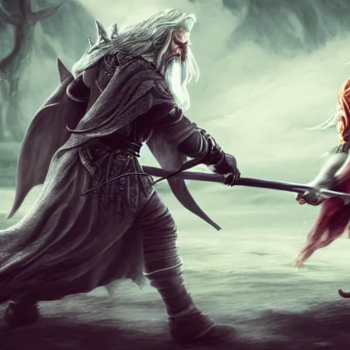 Prompt: Gandalf fighting Sylvanas, photorealistic
