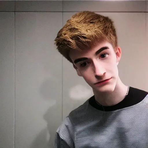 Image similar to “a realistic detailed photo of a guy who is an attractive humanoid who is half robot and half humanoid, who is a male android, twitch streamer Ninja Tyler Blevins, shiny skin, posing like a statue, blank stare”