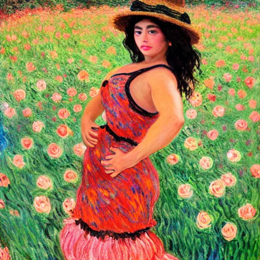 Prompt: beautiful tan mexican woman, full body, dancing in a field of roses and many other exotic flowers, prominent rosy cheek bones, black hair and brown eyes, monet and da vinchi art style,