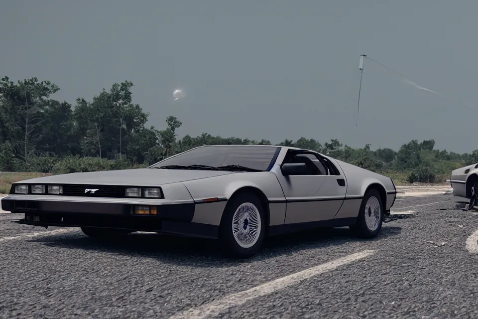 Image similar to ultra realistic delorean dmc 5 and mazda rx 7 parallel drift on road wreckage orbiting earth in space, dark cinematic, volumetric, realistic, 3 d render, realistic render, cinematic lighting, volumetric lighting, atmospheric, cinematic, unreal engine 5, unreal engine render, octane render, hd, photorealism, hyper realistic, 8 k