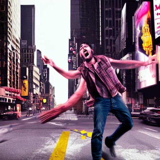 Image similar to broadway play poster of a young angry man screaming in the middle of street, high definition, highly detailed, photo-realistic, unreal engine render, 16k,