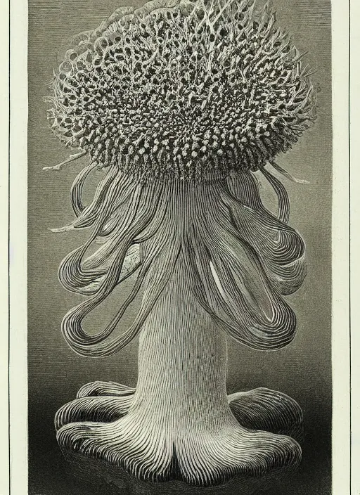 Image similar to mycelium growing into a mushroom, ernst haeckel