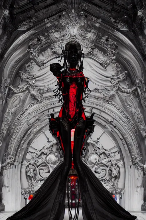 Image similar to full-body cyberpunk style sculpture of a young beautiful dark priestess, half android with a head opening exposing circuitry, glowing red eyes, black roses, flowing blood red colored silk, fabric, candles. baroque elements, human skull. full-length view. baroque element. intricate artwork by caravaggio. crows flying in background. Trending on artstation, octane render, cinematic lighting from the right, hyper realism, octane render, 8k, depth of field, 3D