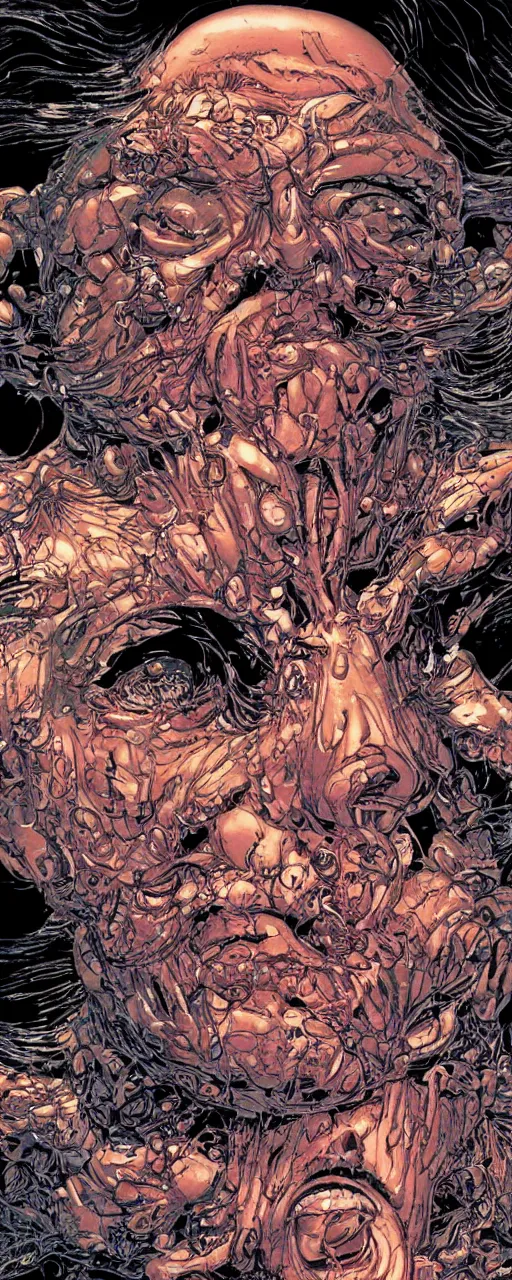 Prompt: closeup of face melting in agony, inside dark oil, frontal picture, by yoichi hatakenaka, masamune shirow, josan gonzales and dan mumford