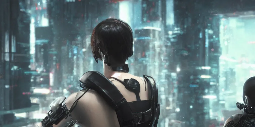 Image similar to closeup of An anonymous short hair brunette guard seen from the back sitting in front of a cyberpunk dystopian desk with matrix falling text cyberpunk, artstation